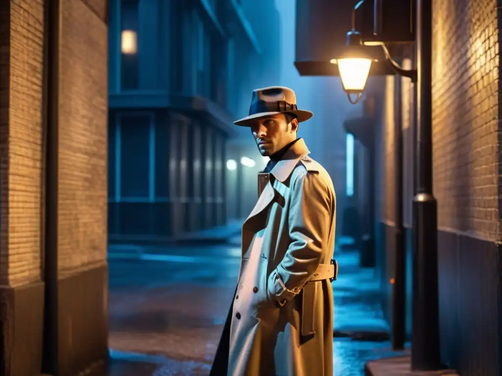 Un detective antiheroico en blanco y negro bajo una farola, en un escenario de cine noir