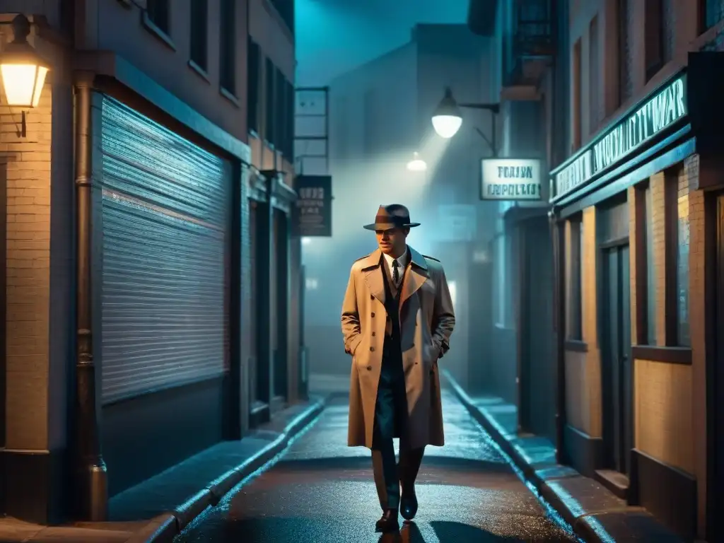 Un detective en blanco y negro bajo la luz de la farola en un callejón oscuro