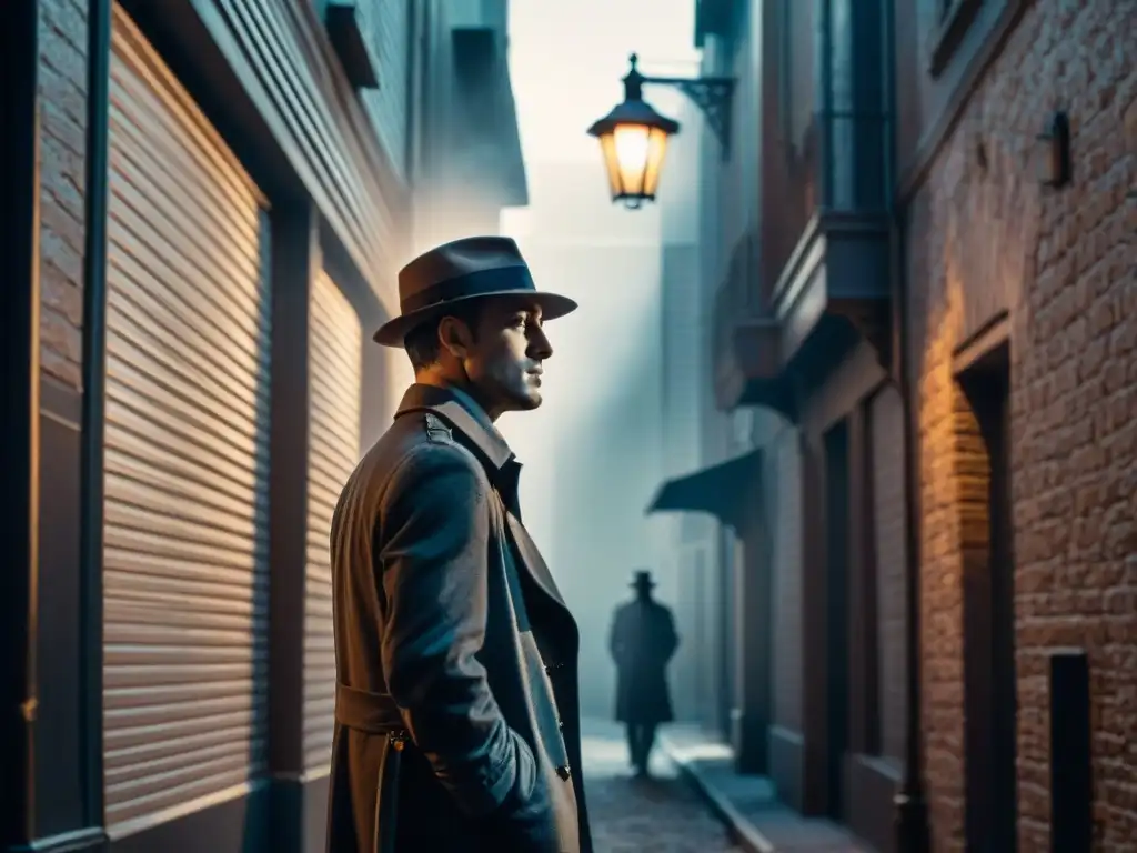 Un detective en blanco y negro bajo la luz de un callejón oscuro en Chinatown, evocando misterio y suspense en la atmósfera del cine noir