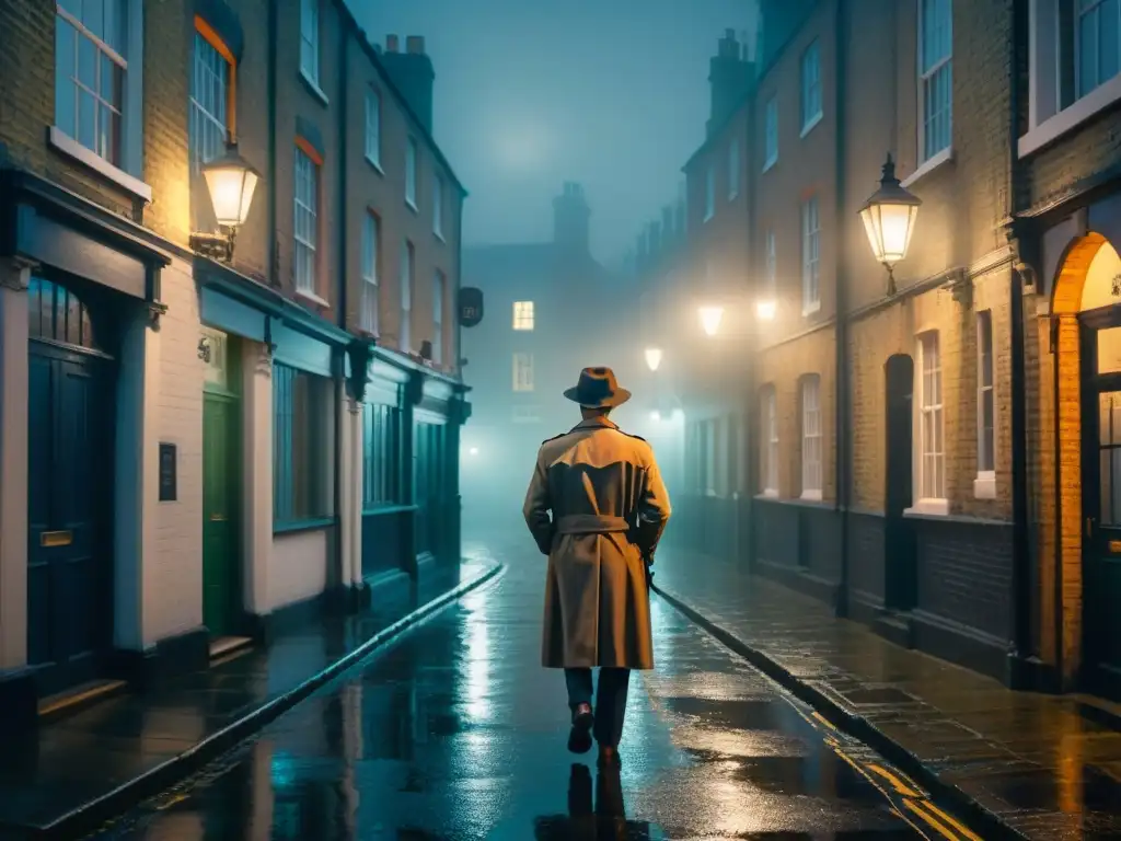 Una detective británica en un callejón londinense, bajo la luz de la farola