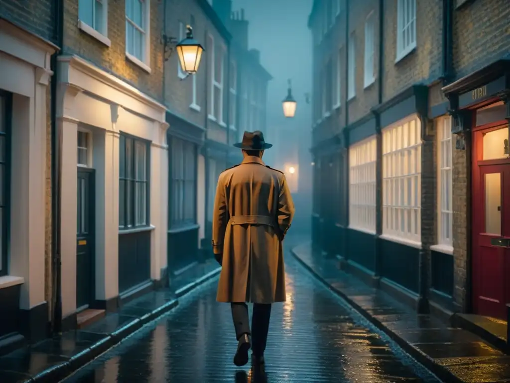 Un detective británico en un callejón lluvioso de Londres, iluminado por una farola distante