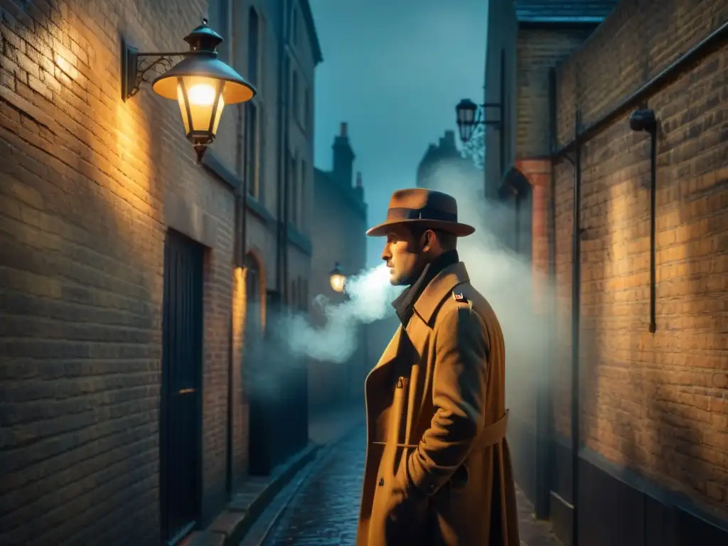 Un detective británico en un callejón oscuro de Londres, iluminado por farolas vintage