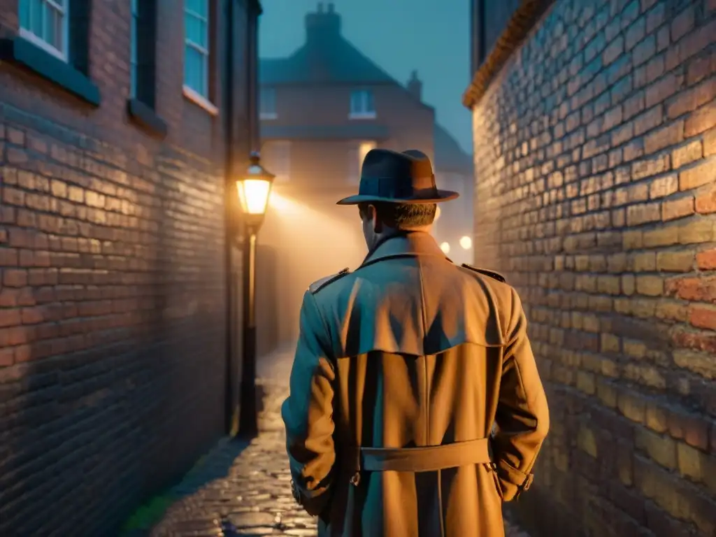 Un detective británico en un callejón oscuro de Londres, iluminado por una farola distante