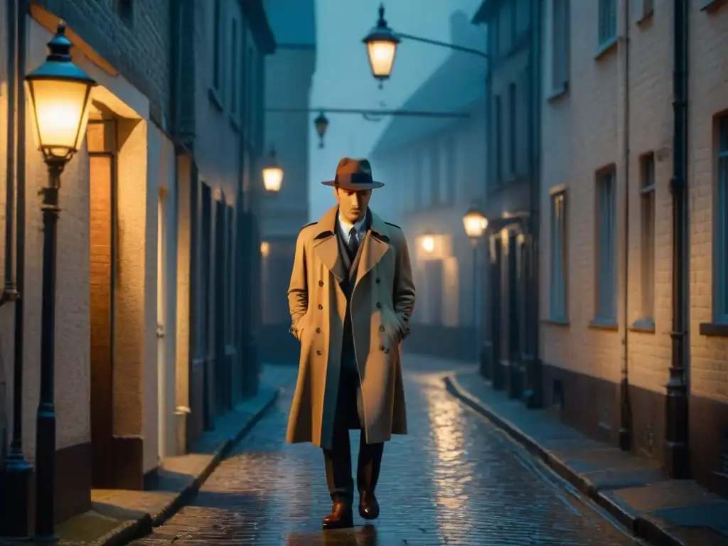 Un detective británico en un callejón sombrío, iluminado por una farola