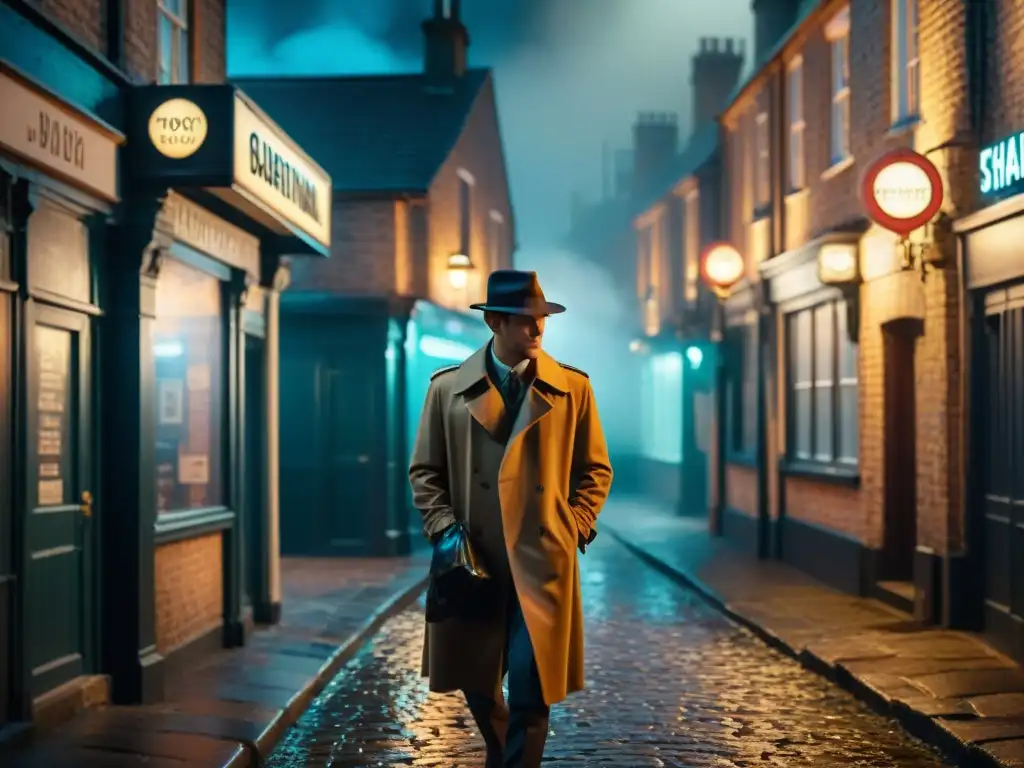 Un detective británico en un callejón sombrío de un pueblo vintage, iluminado por una lámpara tenue