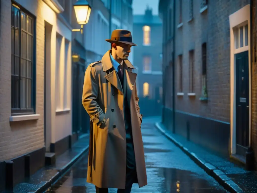 Un detective británico en la cultura pop, en un oscuro callejón de Londres, iluminado por una tenue farola vintage