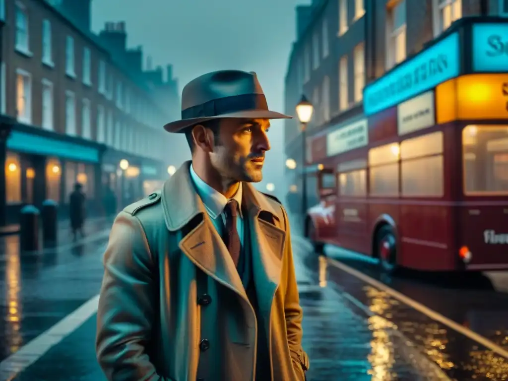 Noche lluviosa en Londres: detective en la penumbra Un detective británico en la lluviosa noche londinense, sumergido en misterio y suspense