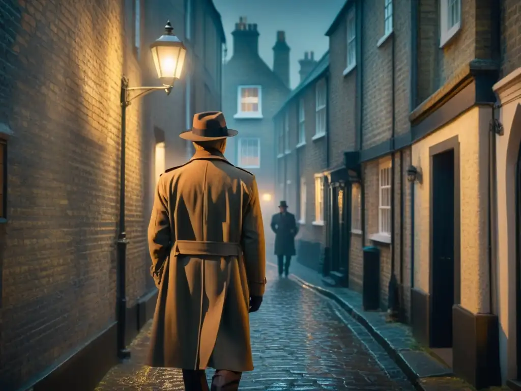 Un detective británico en Acorn TV, en un oscuro callejón de Londres bajo la luz de una farola, exudando misterio y suspense