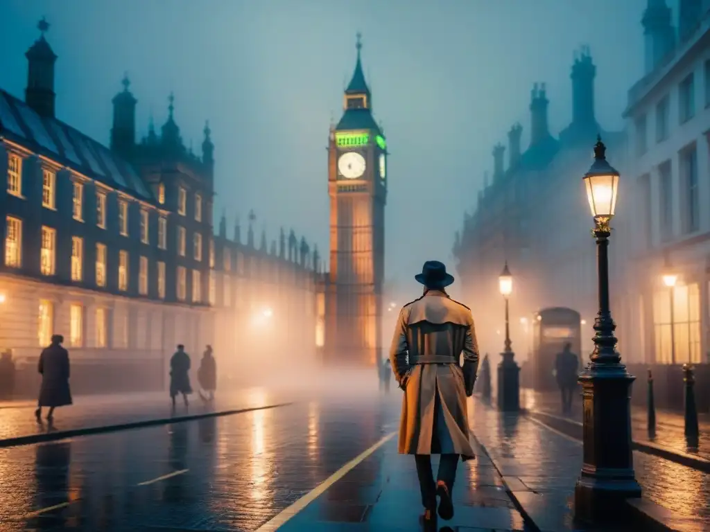 Un detective británico en Acorn TV parado en un callejón neblinoso de Londres, con Big Ben de fondo