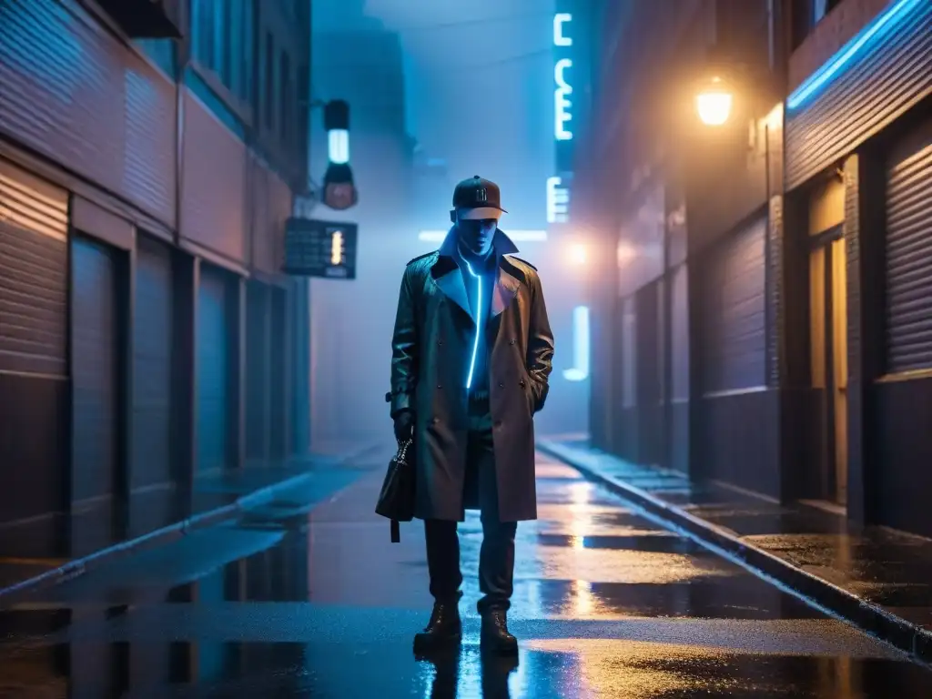 Un detective en busca de pistas en un callejón oscuro de una ciudad futurista, iluminado por letreros de neón