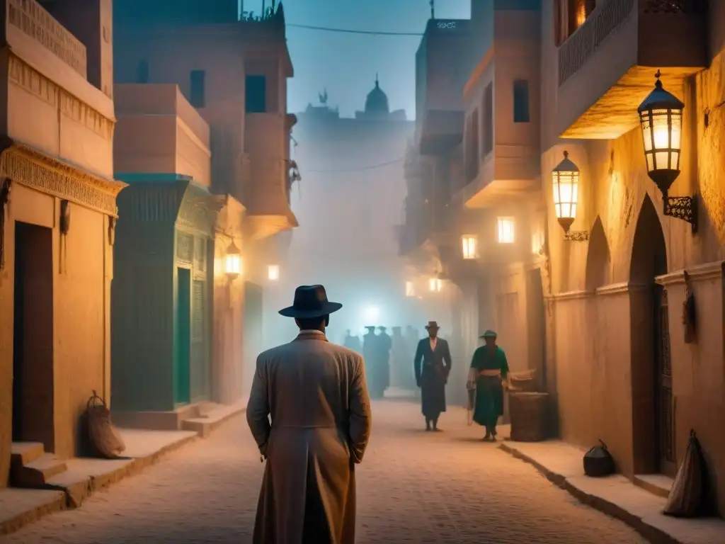 Un detective en un callejón de El Cairo antiguo, bajo la luz de una farola