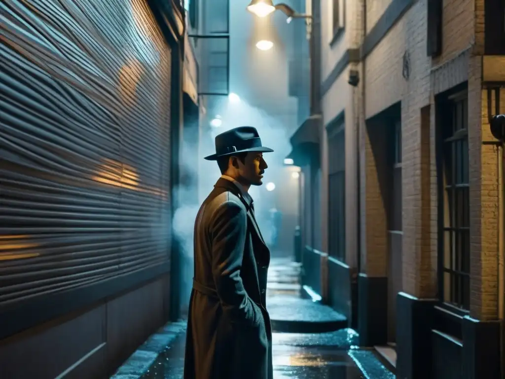 Un detective en el callejón en blanco y negro, bajo la luz de la farola, evoca el thriller noir