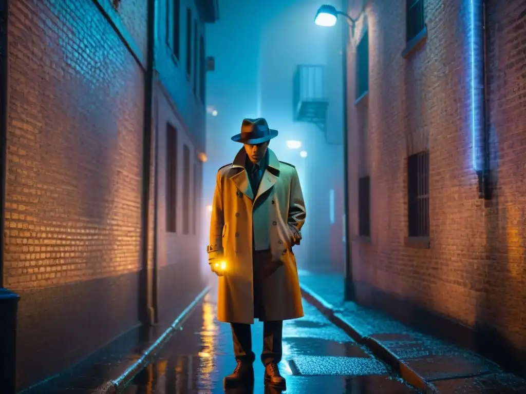 Un detective en un callejón cyberpunk, con lluvia y neón, reflejando crímenes cibernéticos en series detectivescas