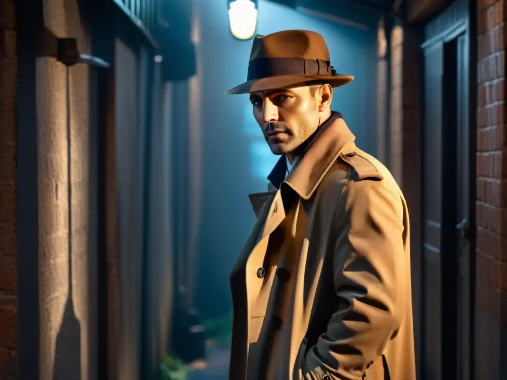 Detective en callejón con herramientas de espía, protegiendo secretos en mundo clandestino