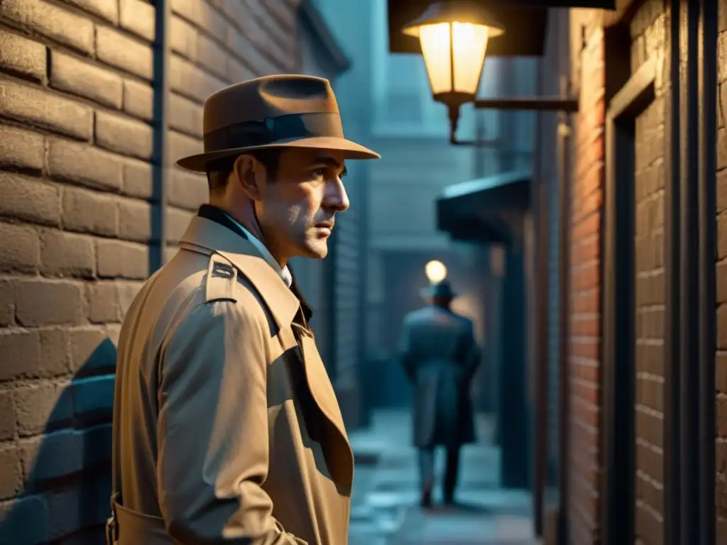 Un detective en un callejón iluminado por una farola, evocando la inspiración de las convenciones detectives nuevas historias