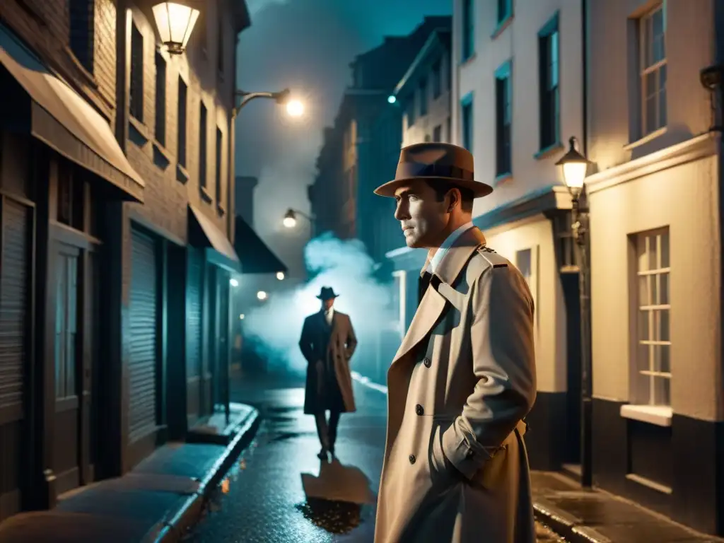 Detective en un callejón iluminado por farola, junto a silueta misteriosa y coche vintage en sombra