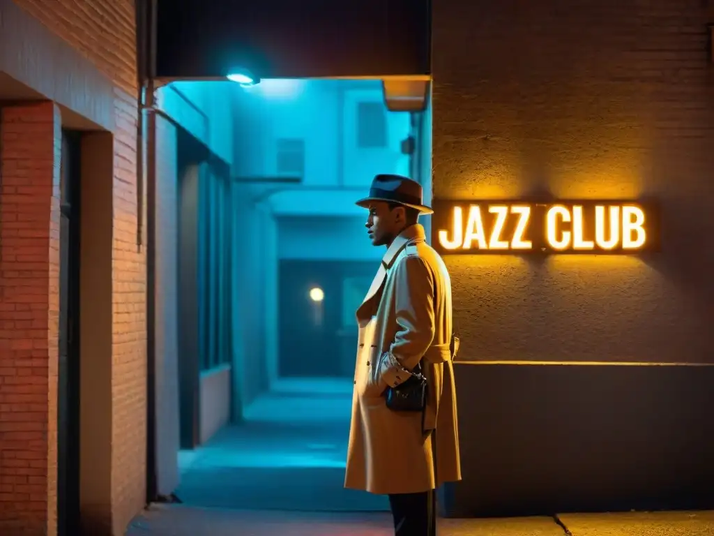 Un detective en un callejón iluminado por una farola, frente a un letrero de 'Jazz Club'