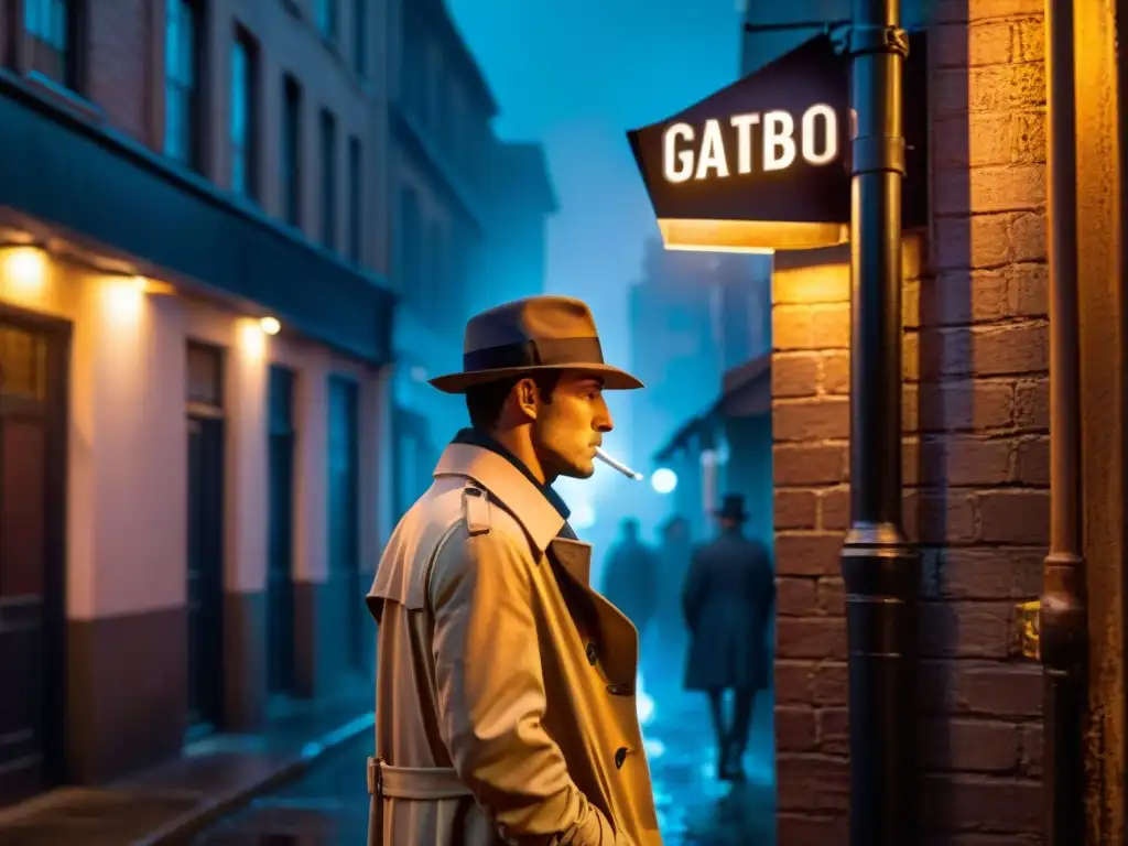 Un detective en un callejón iluminado por luces de neón, bajo la lluvia, fumando y reflexionando sobre un misterio de ciencia ficción