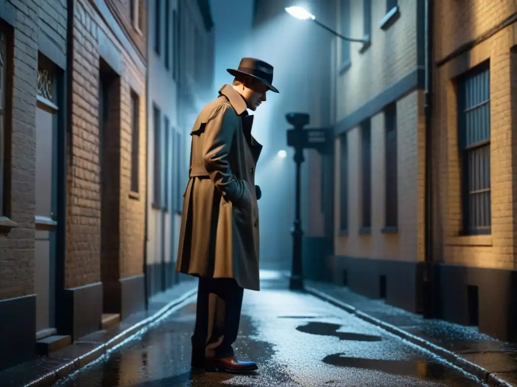 Un detective en un callejón lluvioso, iluminado por una farola, examina huellas misteriosas