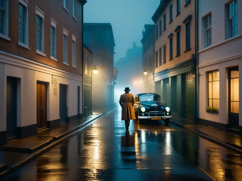 Detective en callejón lluvioso de noche bajo farola, silueta iluminada por luces de coche vintage