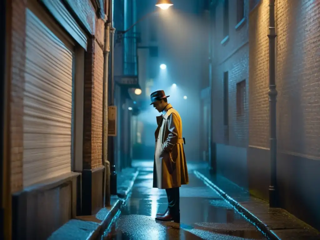 Un detective en un callejón lluvioso de noche, evocando la evolución del género de detectives