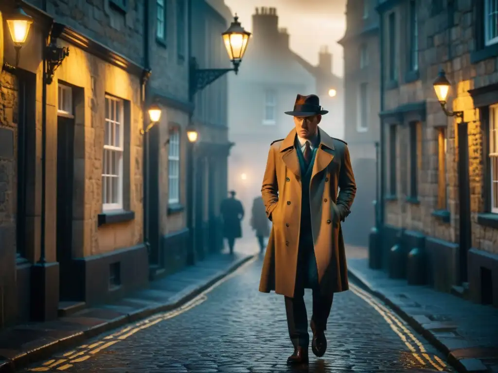 Un detective en un callejón de Edimburgo, Escocia, bajo la luz de una farola en la niebla