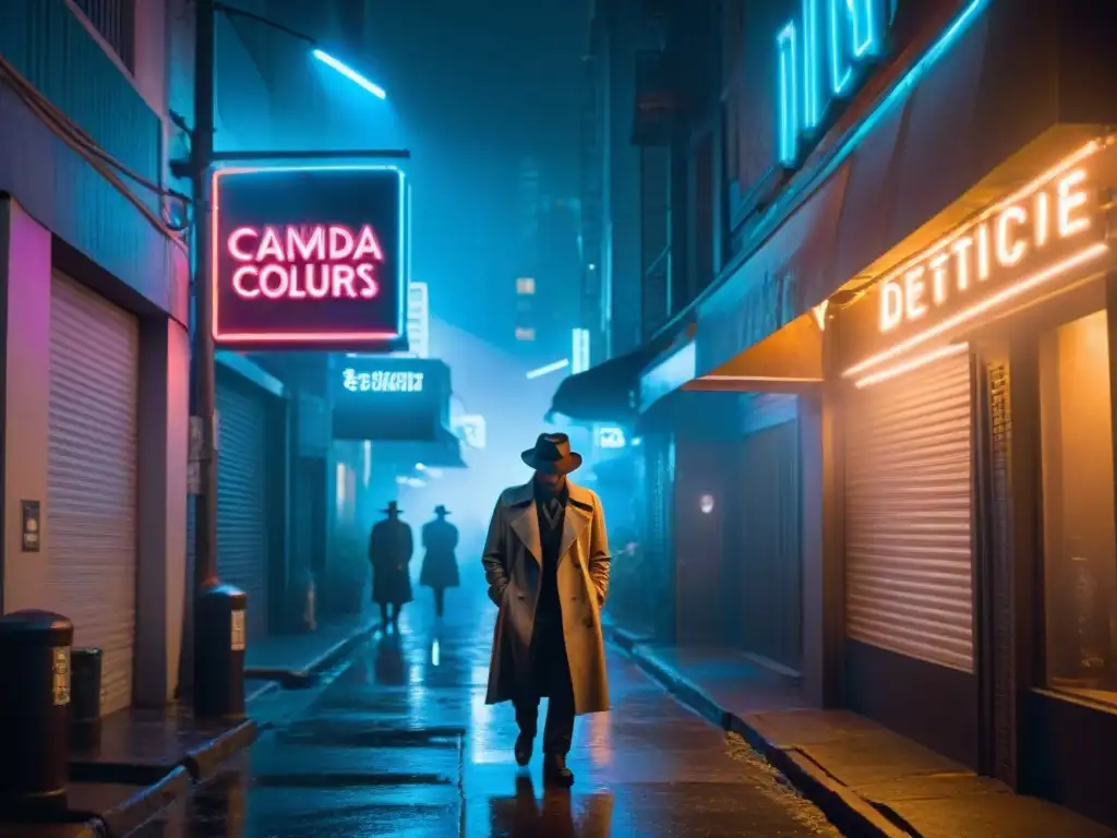 Un detective de noir en un callejón neblinoso, bajo luces de neón en un escenario cyberpunk