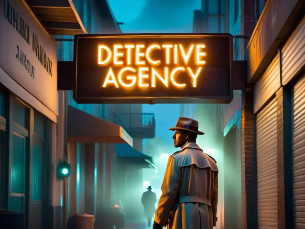 Un detective en un callejón neblinoso de noche, mirando un letrero de 'Detective Agency' en neon