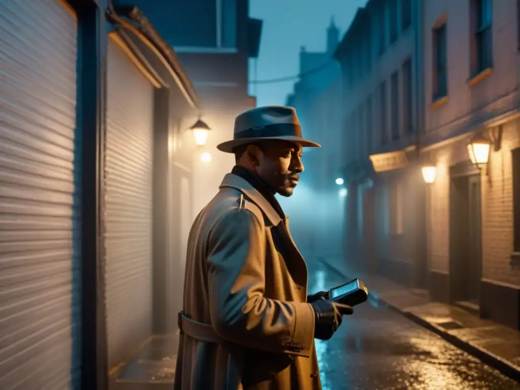 Detective en un callejón nocturno, investigando un ciberataque