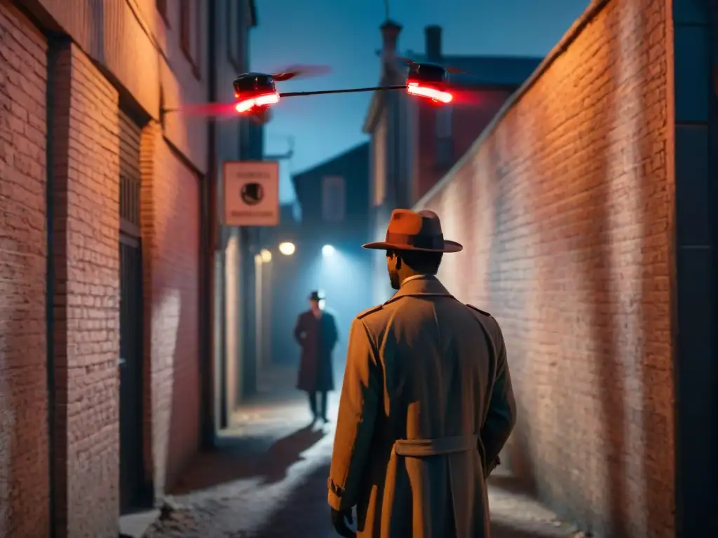 Detective en callejón nocturno operando dron, atmósfera de misterio