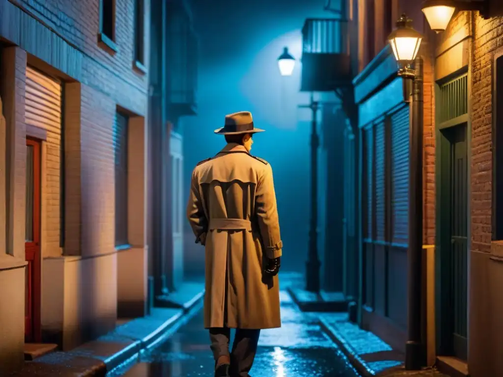 Detective en callejón nocturno, bajo farola