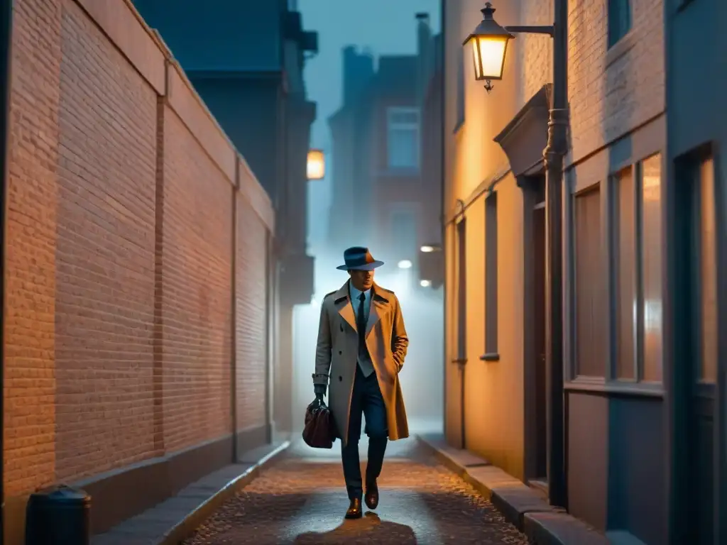 Un detective en un callejón nocturno, iluminado por una farola, examina una pista