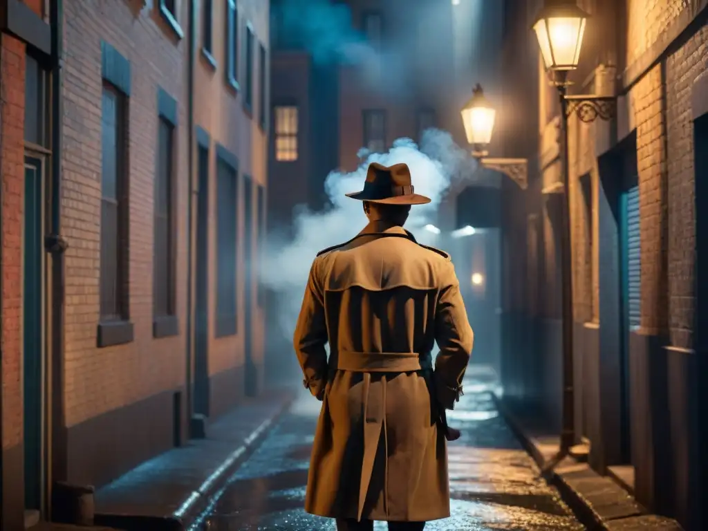 Detective en un callejón nocturno, iluminado por farola, investigando a figura misteriosa