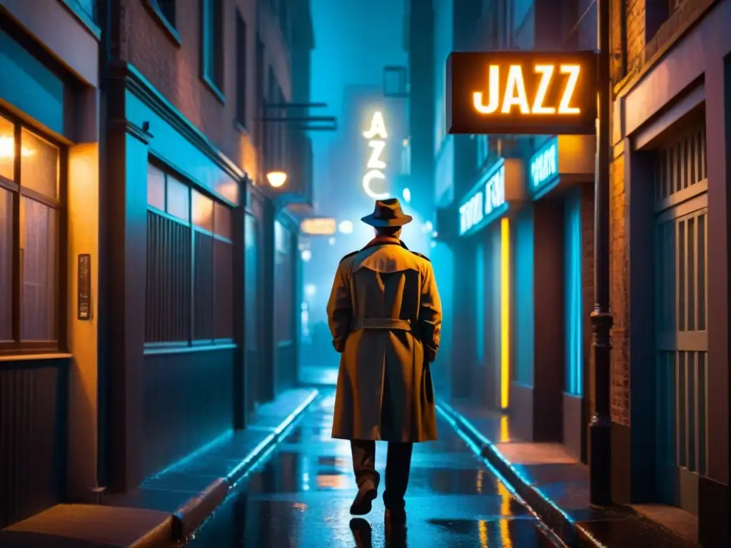 Un detective en un callejón nocturno, iluminado por una tenue farola, mirando un letrero de 'Jazz Club'