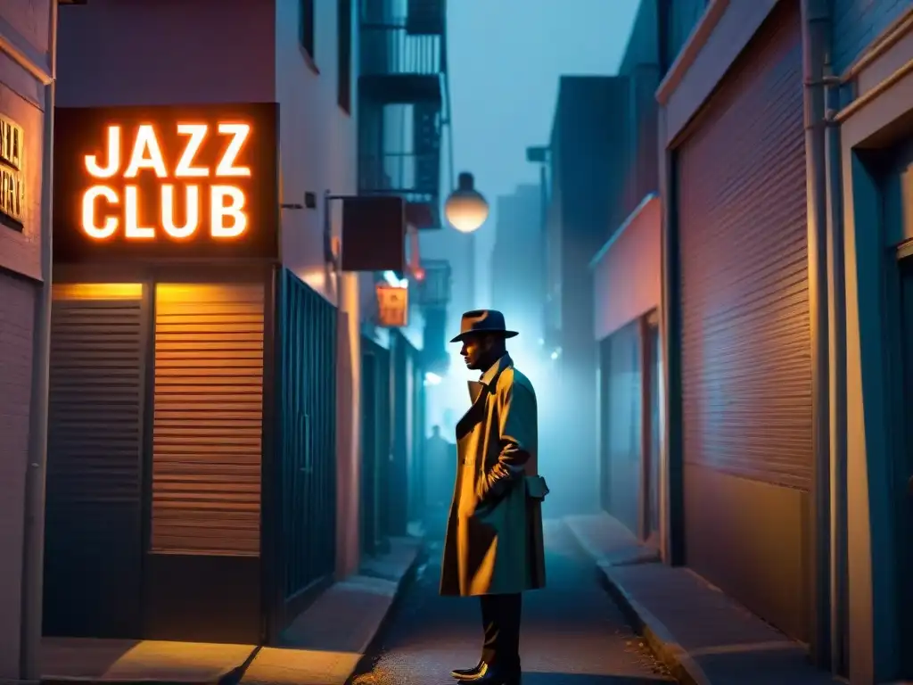 Un detective en un callejón nocturno, iluminado por luces de neón de un club de jazz