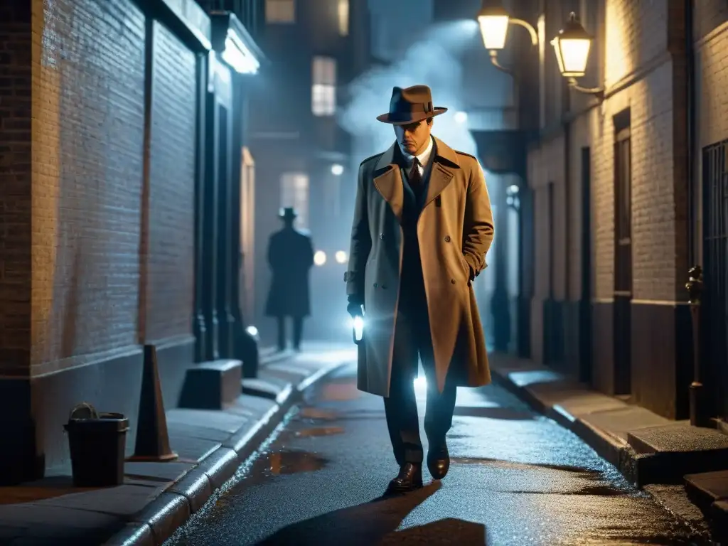 Un detective en un callejón nocturno, iluminado por farola, investiga una pista misteriosa en blanco y negro