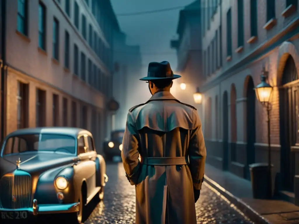 Un detective en un callejón nocturno, junto a un auto vintage bajo la luz de una farola titilante, evocando giros inesperados en detectives