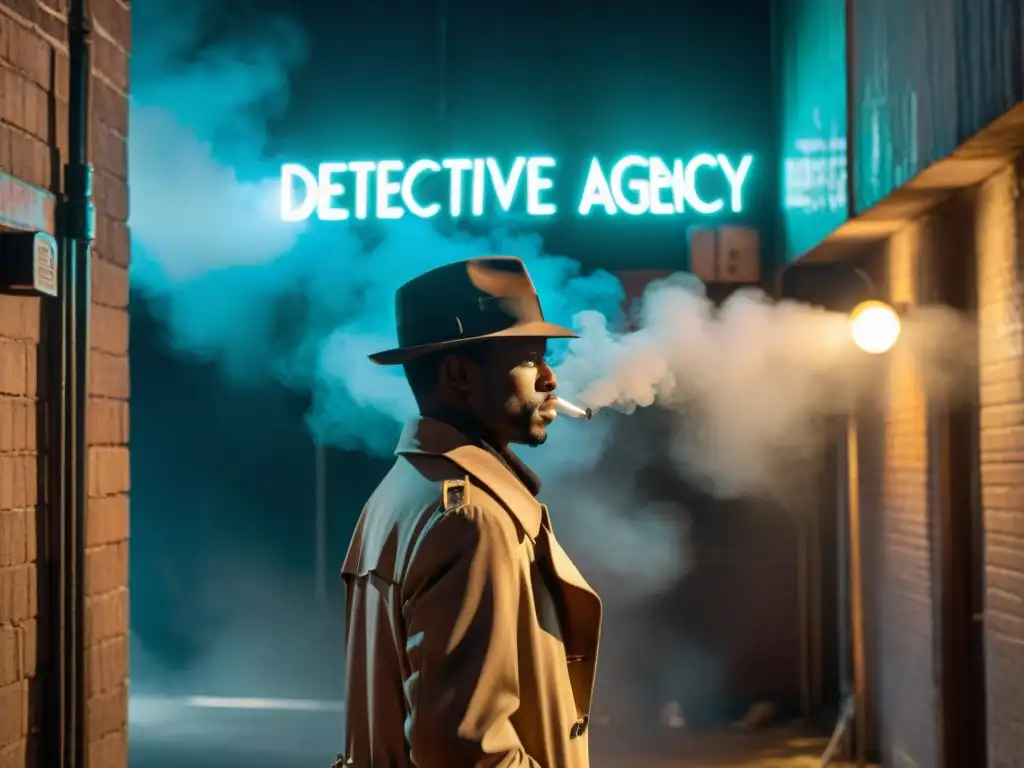 Alleyway nocturno: agencia de detectives bajo neón Un detective en un callejón nocturno, bajo un letrero de neón, envuelto en misterio psicológico adaptado al cine