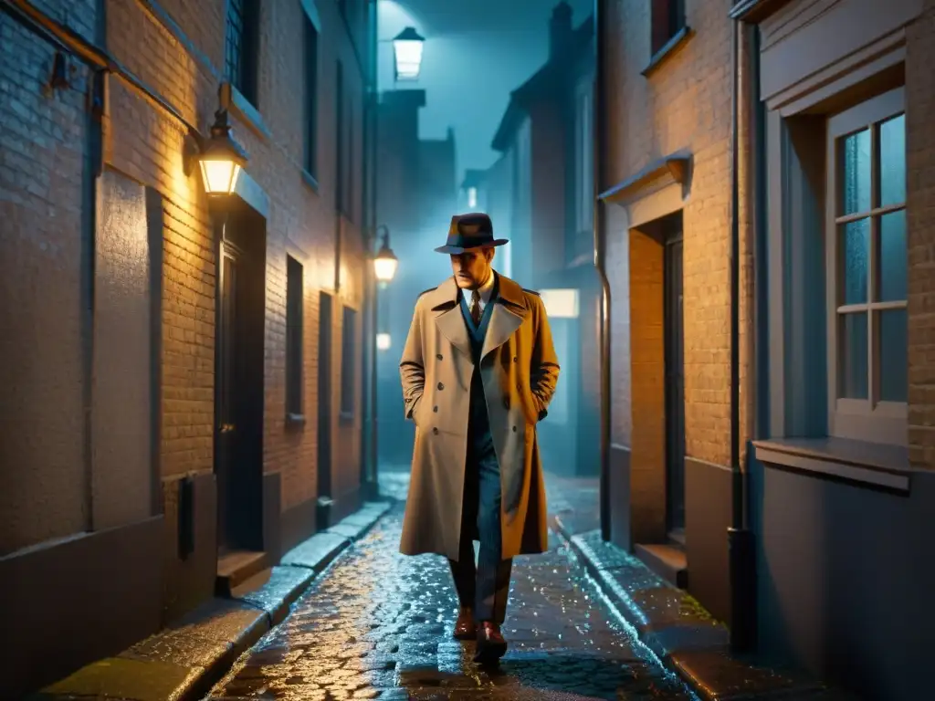 Un detective en un callejón nocturno, bajo la luz de una farola, investiga un enigma