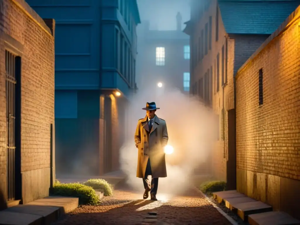 Detective en un callejón nocturno con neblina, investigando una pista bajo la luz de una farola