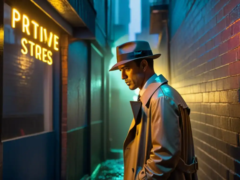 Detective en callejón nocturno, bajo neón, enigmático