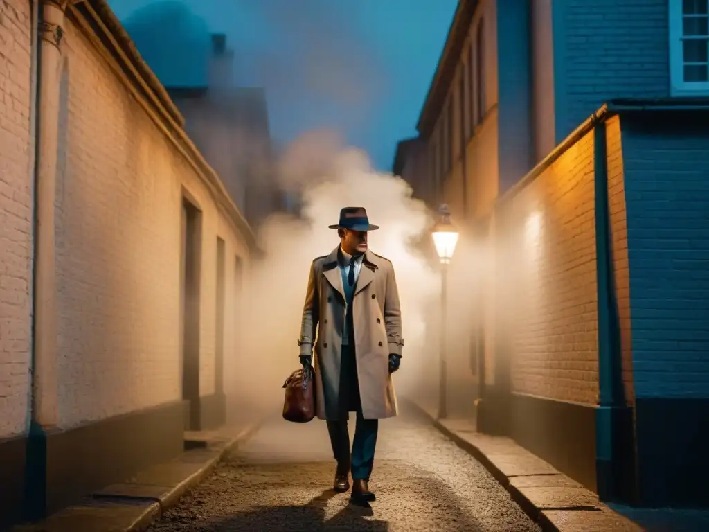 Detective en callejón nocturno, examinando pista con lupa