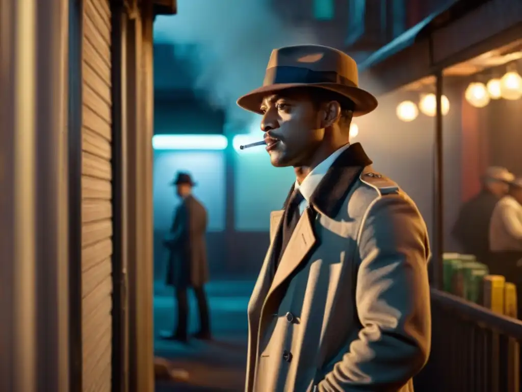 Detective en callejón nocturno con sombras bajo letrero de neón