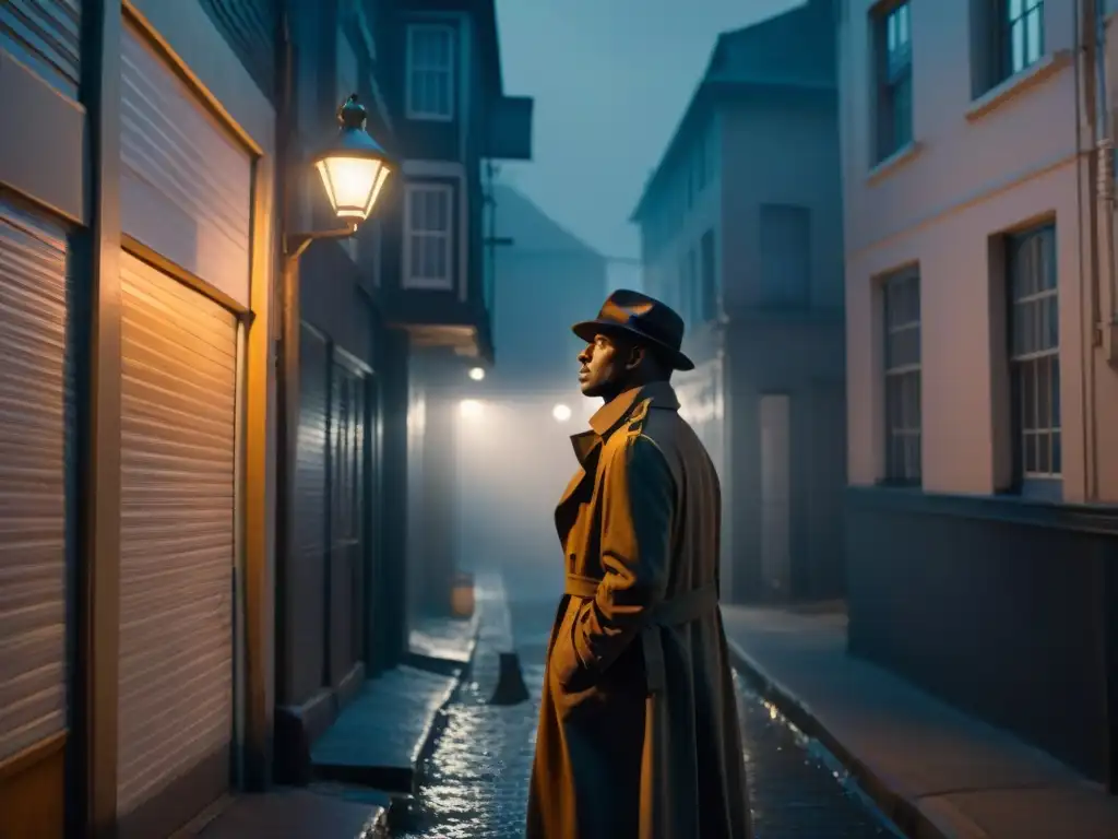 Un detective en un callejón nocturno, con sombrero y gabardina, iluminado por una farola temblorosa