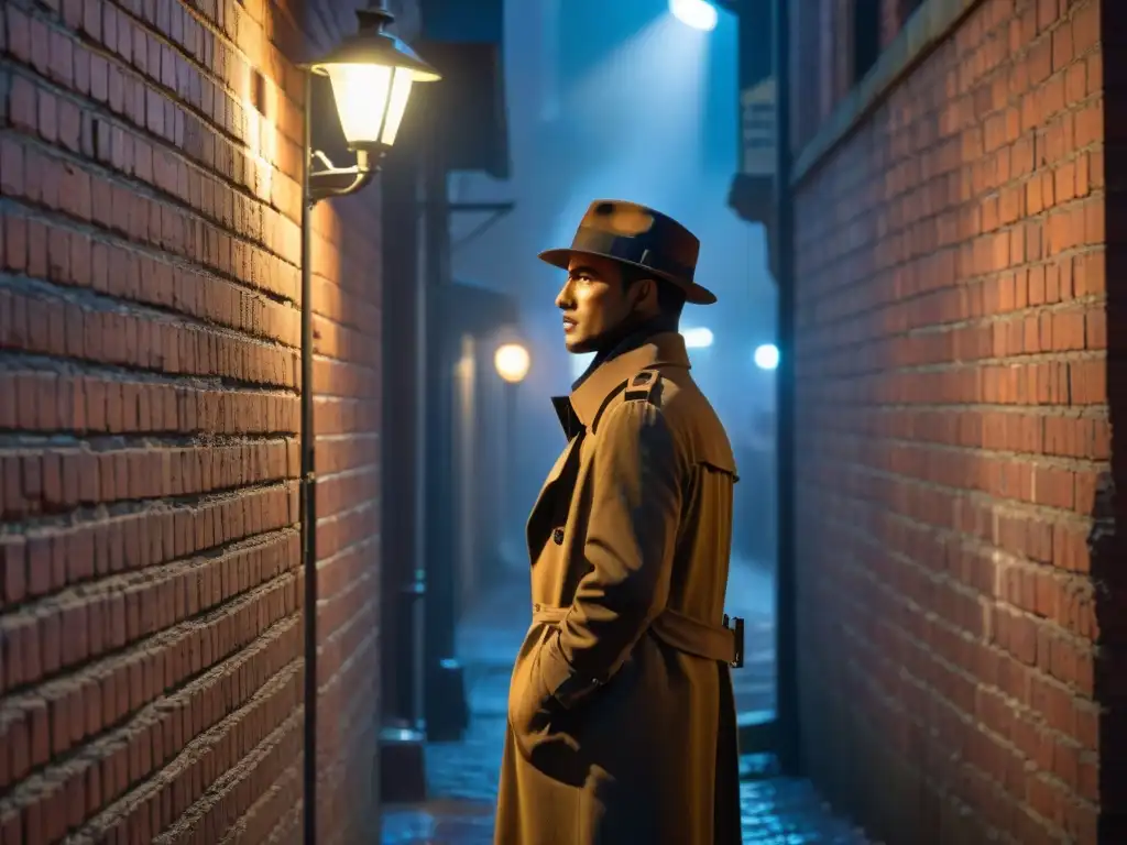 Un detective en un callejón nocturno, con tecnología militar gadgets detectives, bajo la luz de una farola