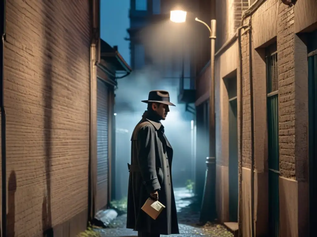 Un detective en un callejón oscuro, apuntando con determinación