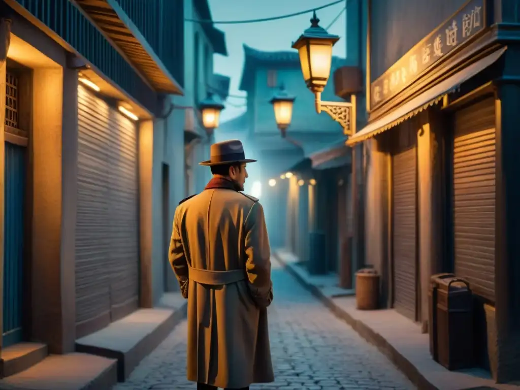 Un detective en un callejón oscuro de una antigua ciudad de la Ruta de la Seda, bajo una farola parpadeante