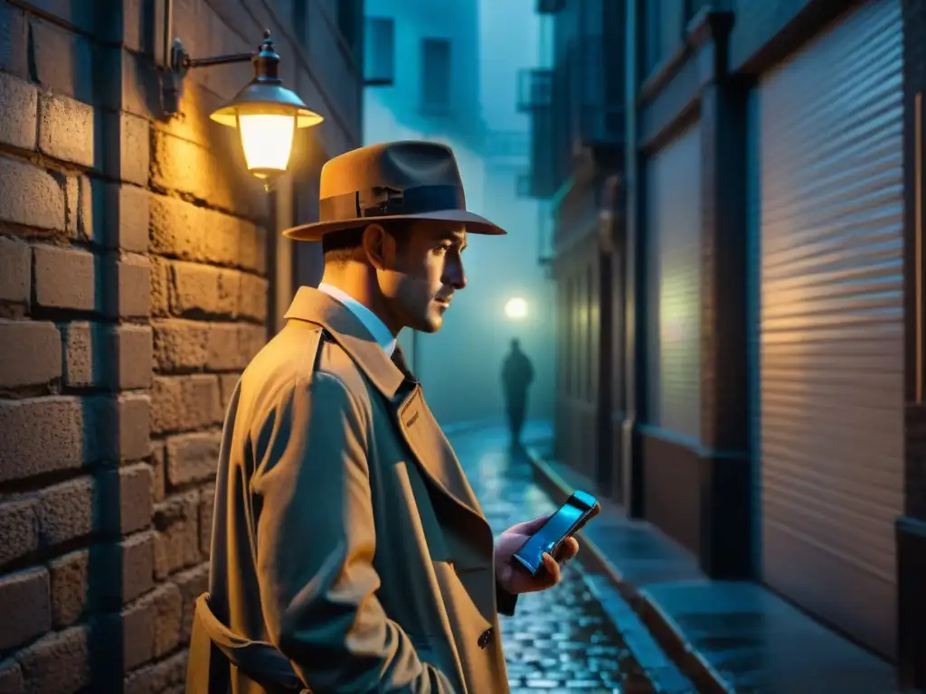 Un detective en un callejón oscuro, con una app de seguridad brillando en su smartphone