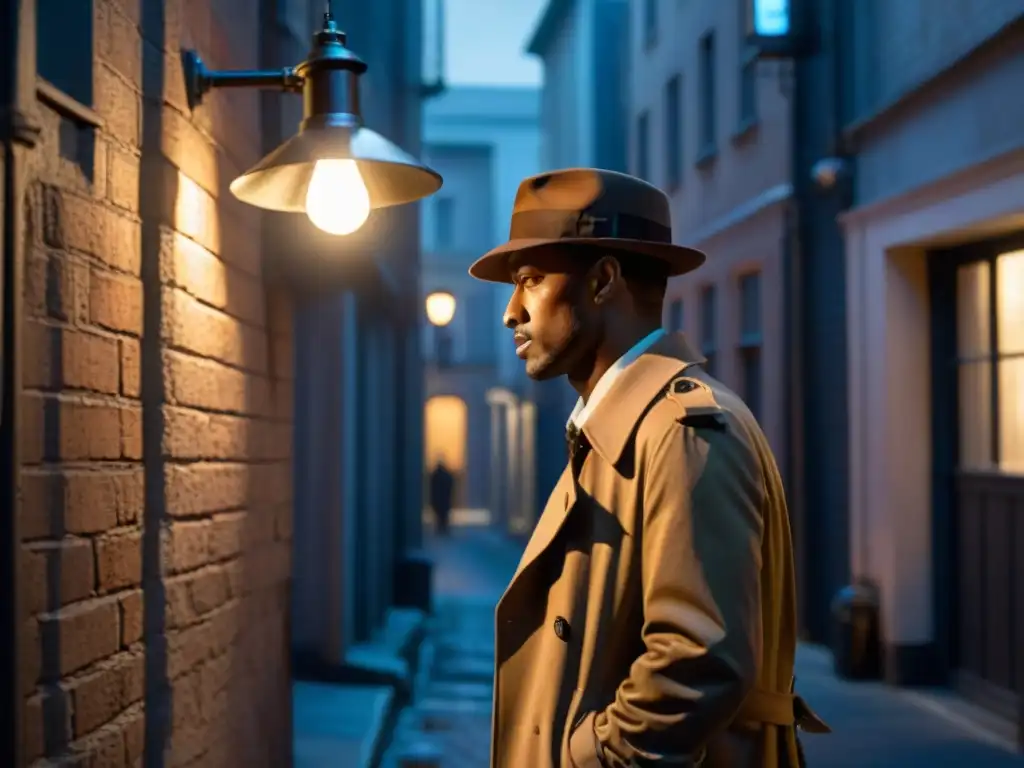 Detective en un callejón oscuro, con la atmósfera de cine noir