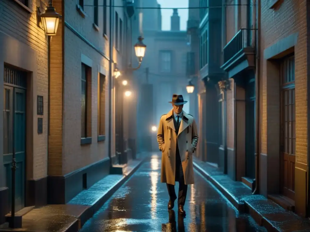 Un detective en un callejón oscuro de blanco y negro, bajo la luz de una farola, en una escena de cine noir